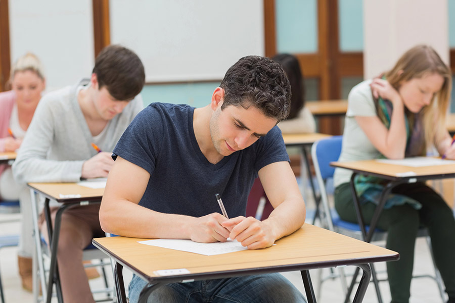 Students taking a test in a classroom in Stanford